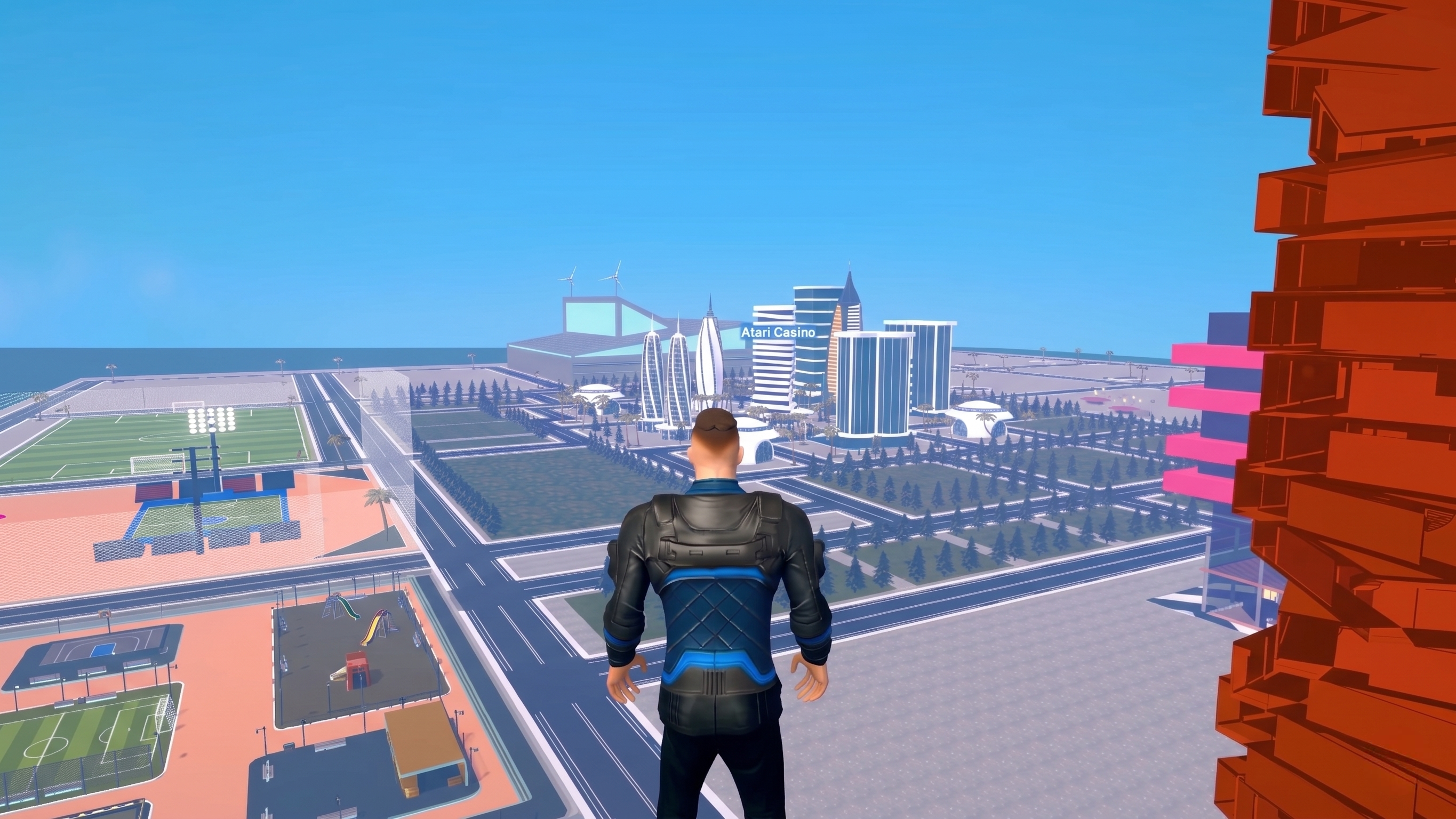 Atari Casino Metaverse — exterior 3D city establishing shot